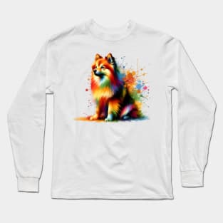 Colorful Finnish Spitz in Splashed Paint Art Style Long Sleeve T-Shirt